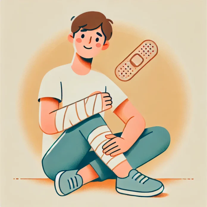 A friendly and relatable illustration of a person with a bandage covering a wound on their arm or leg