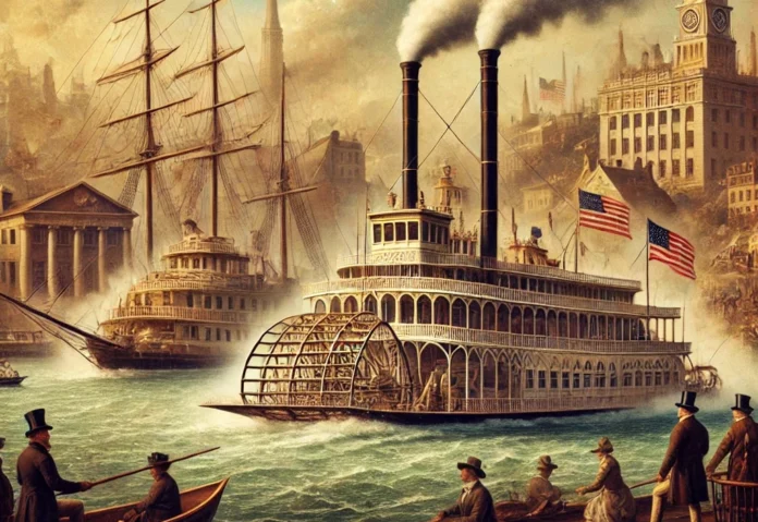 A historically inspired scene representing the 1824 Gibbons v. Ogden Supreme Court case, focusing on two steamboats on a river between New York and New Jersey.