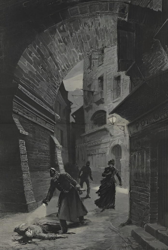 An etching from Le Journal Illustré, published on February 13, 1891, depicting the gruesome Jack the Ripper murders in London’s Whitechapel district