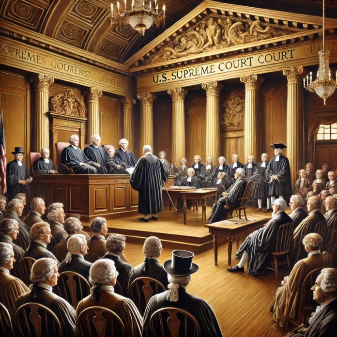 An artistic depiction of the U.S. Supreme Court in 1793, showcasing a courtroom scene with early American justices in 18th-century judicial robes.