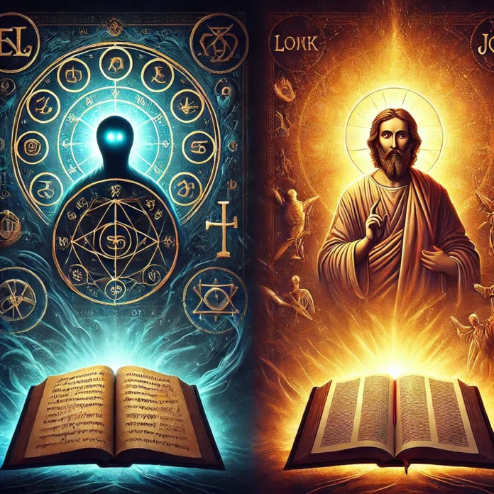 An image illustrating the contrast between the Gospel of Judas and the Canonical Gospels. On the left, depict an ancient scroll with mysterious symbol