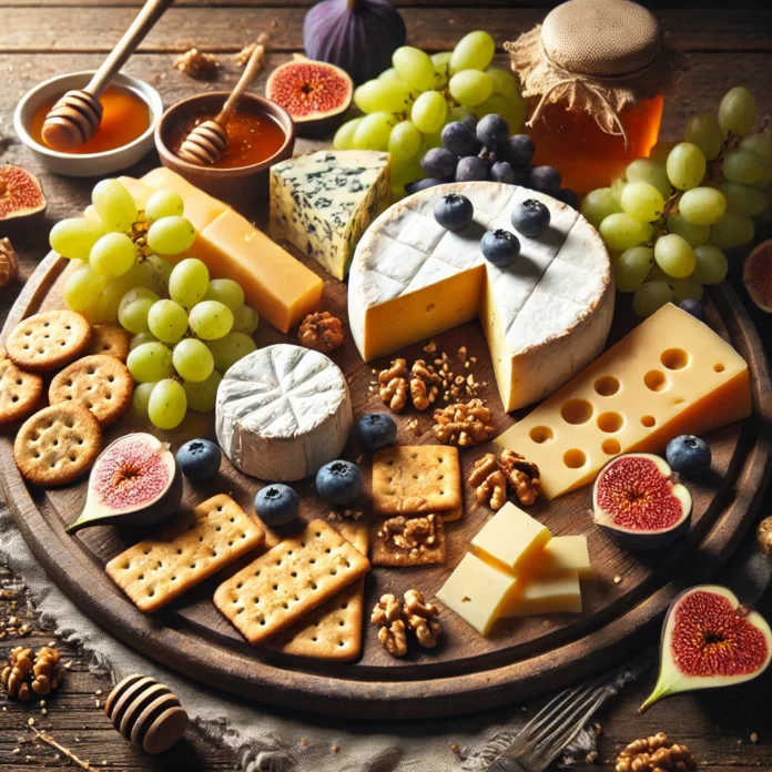 A beautifully arranged cheese board featuring a variety of cheeses