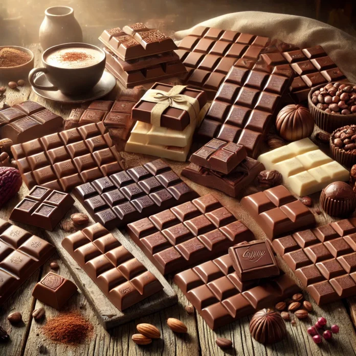 An image of a variety of premium chocolate bars and pieces arranged on a rustic wooden surface