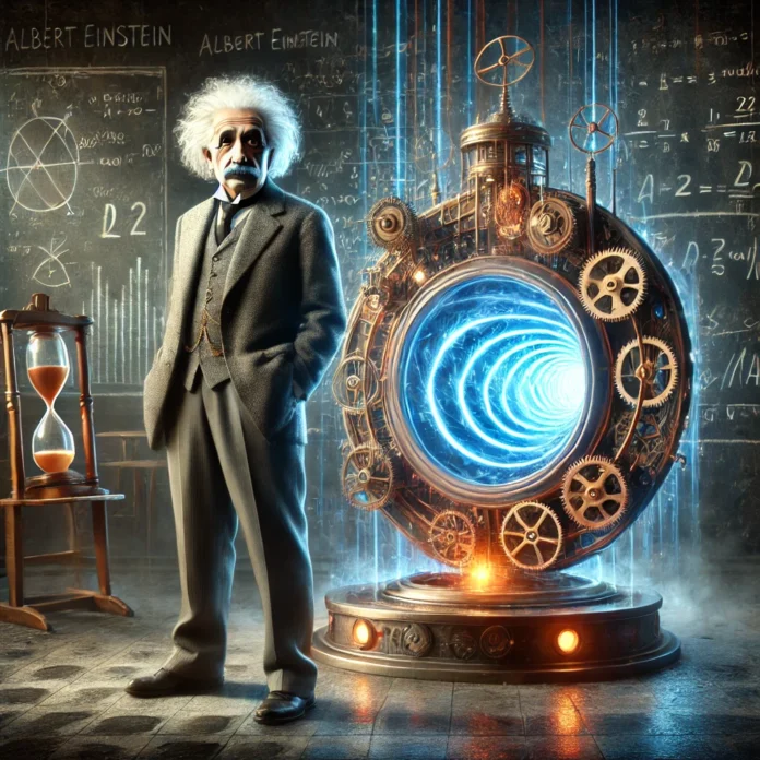 A conceptual artistic illustration of Albert Einstein standing next to a futuristic time machine