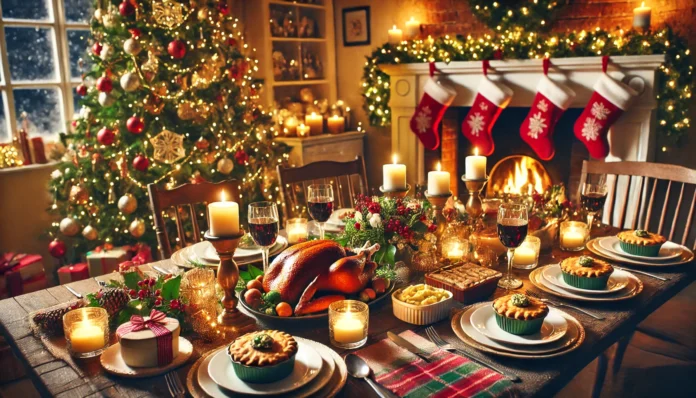 Christmas dinner table setting with traditional holiday dishes.