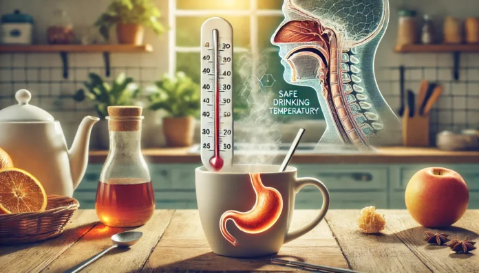 A detailed visual showing a steaming cup of tea with a small thermometer resting inside, indicating a safe drinking temperature