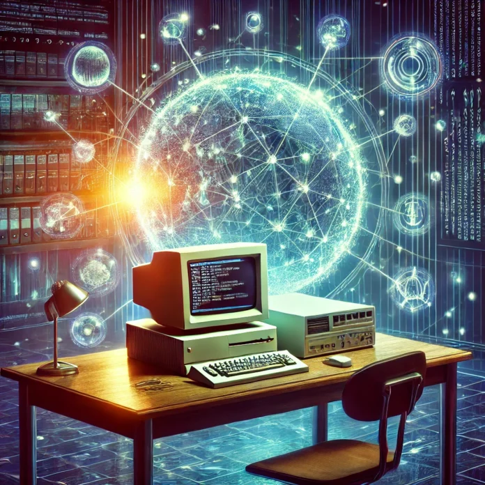 A digital illustration depicting the origins of the World Wide Web_ a glowing NeXT computer on a desk at CERN, surrounded by futuristic holographic elements