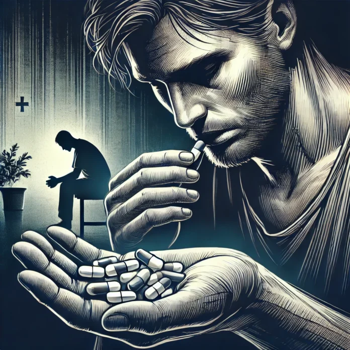 Illustration of a drug addict holding drug pills up to his lips.