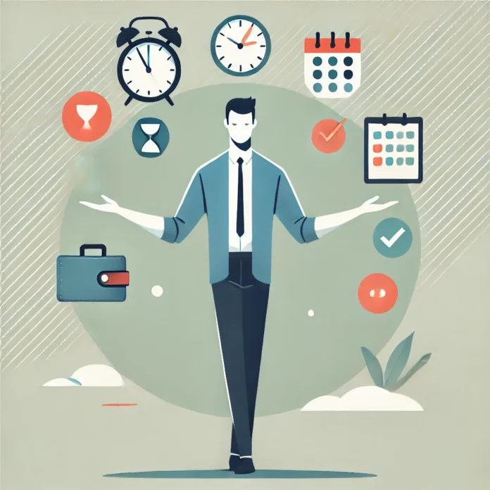 A flat-style, minimalist illustration of a entrepreneur standing confidently, juggling several icons representing time-management tools.