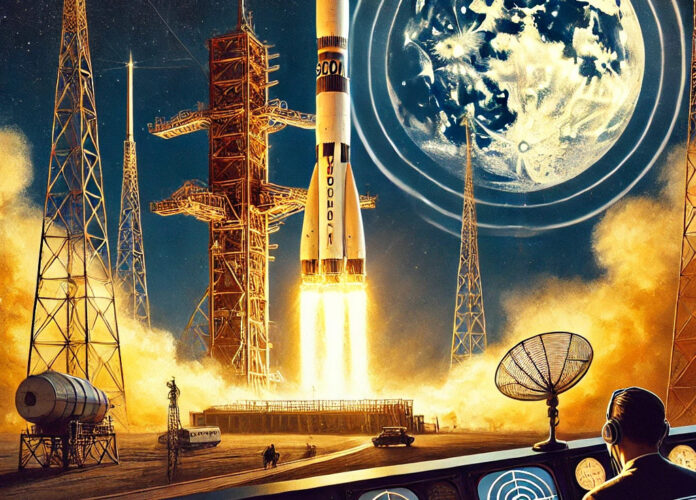 An artistic rendering of the SCORE satellite launch, with the Earth in the background, symbolizing the dawn of satellite-based global communication.