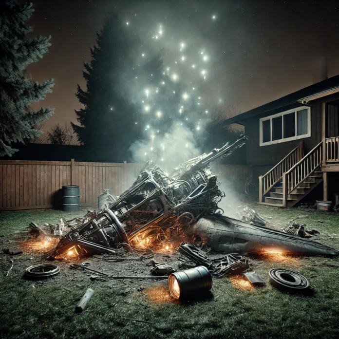 A mysterious nighttime scene in a suburban backyard showing the wreckage of an unidentifiable, futuristic object that has crashed. The debris is scatt