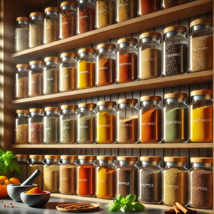 A photorealistic image of an organized spice cabinet with jars of colorful spices.