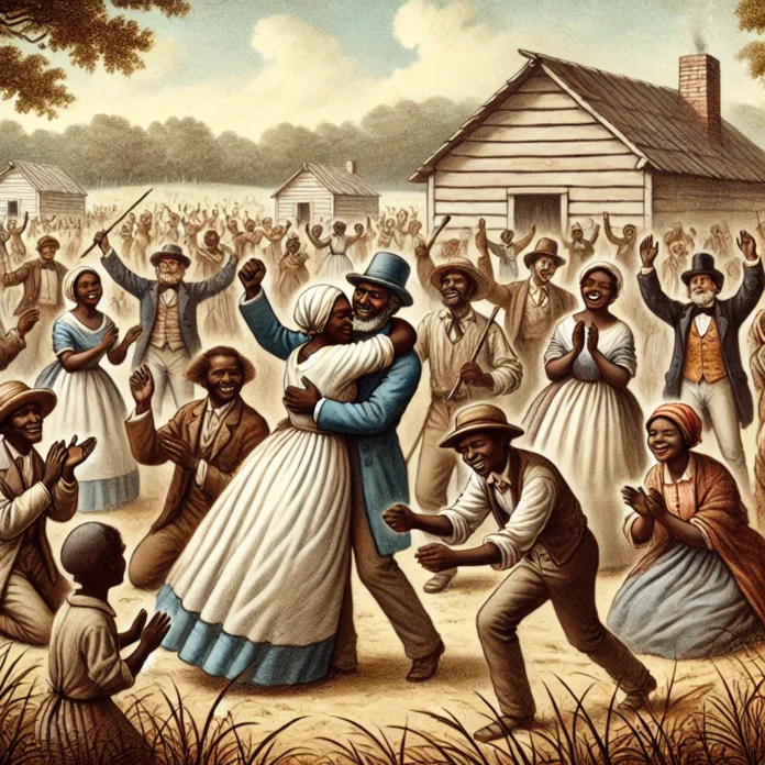 Illustration of formerly enslaved individuals celebrating freedom in 1865