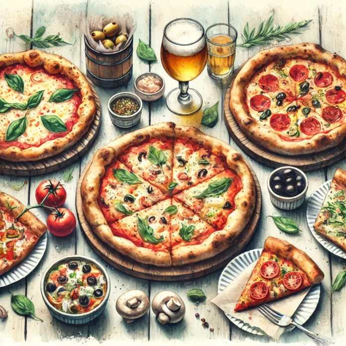 Watercolor depiction of a variety of pizzas