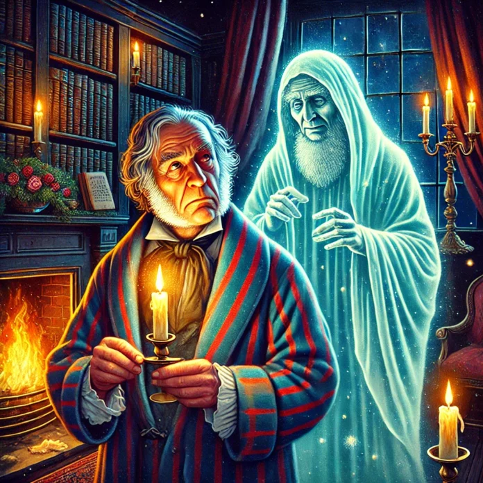 An illustration depicting Ebenezer Scrooge from Charles Dickens' A Christmas Carol, holding a candle as he encounters the ethereal Ghost of Christmas Past in a cozy Victorian room.