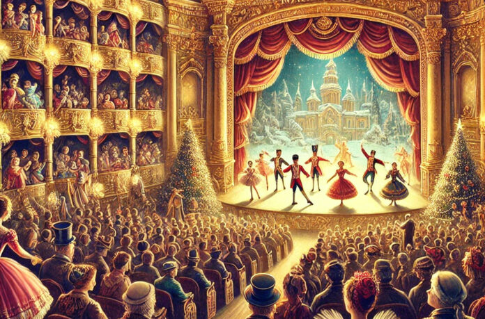 Illustration of the premiere of Tchaikovsky's The Nutcracker at the Mariinsky Theatre in Saint Petersburg on December 18, 1892, featuring dancers in elaborate costumes and an elegant 19th-century audience.