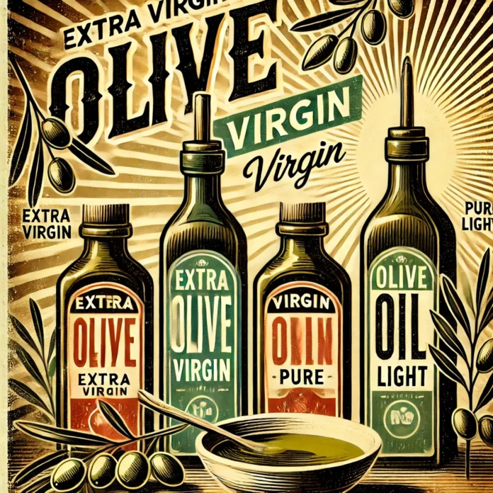 A vintage poster-style artwork showcasing olive oil bottles (extra virgin, virgin, pure, and light)