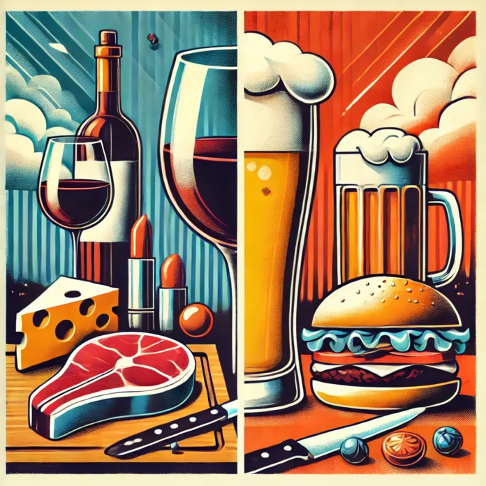 An artistic and modern illustration of wine and beer pairings with food