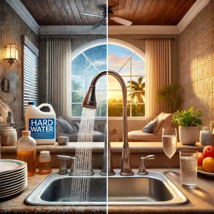 A depiction of kitchen and bathroom fixtures: on the left, hard water effects without a softener, and on the right, the clean, polished results of using softened water.