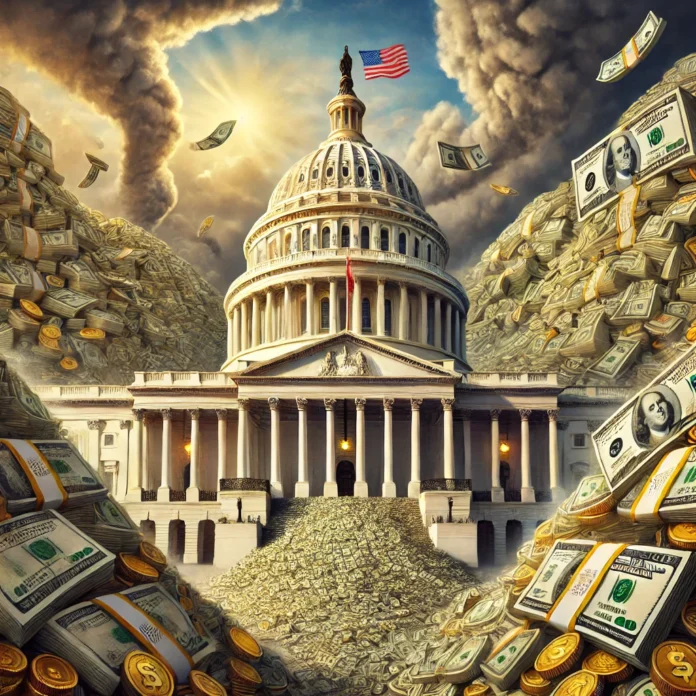 An artistic depiction of the United States Capitol building surrounded by exaggerated piles of cash, symbolic of government overspending