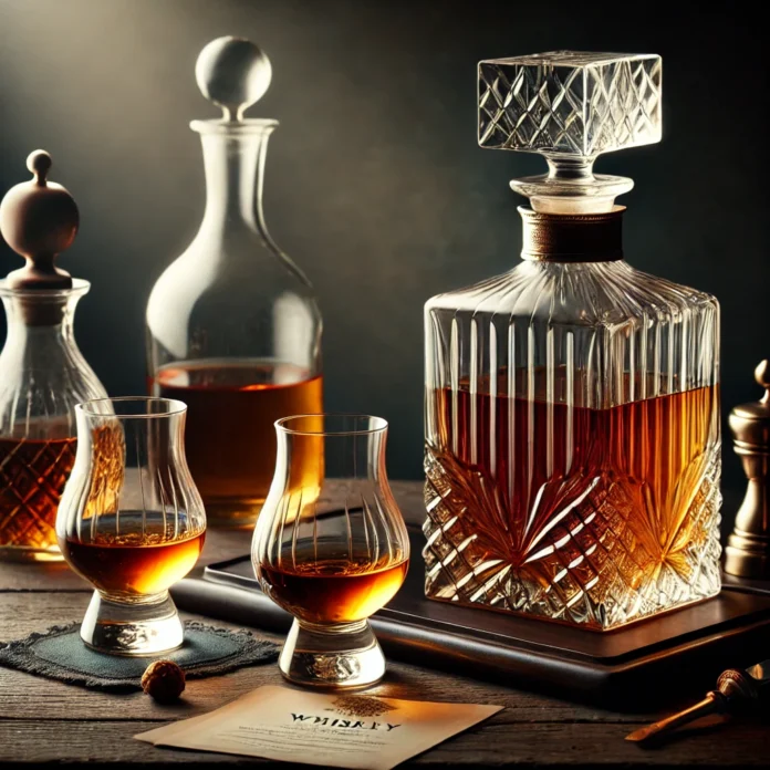 An elegant setup featuring a fancy whiskey decanter filled with amber whiskey