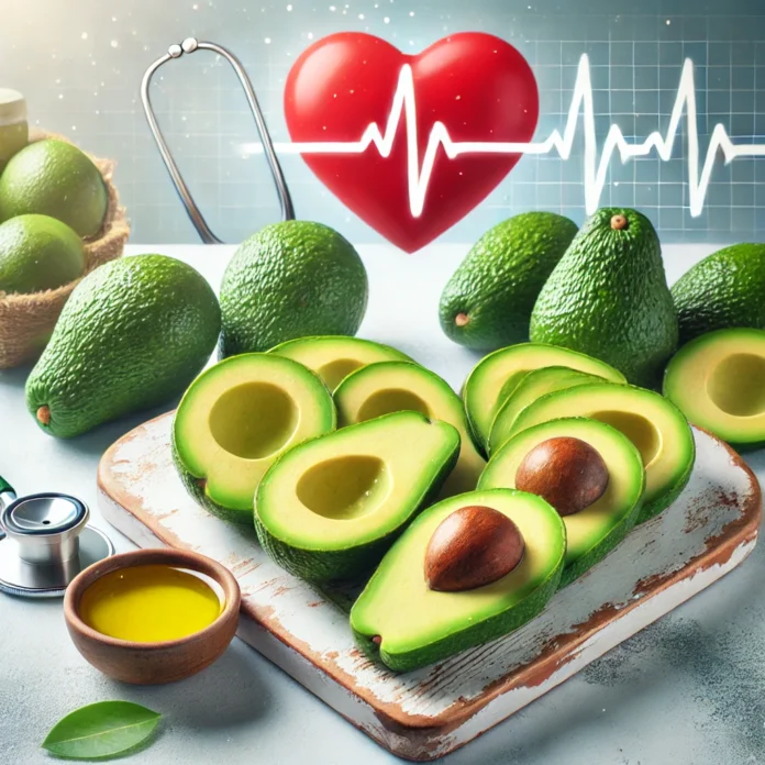 An image highlighting heart health and avocados_ a heart-shaped cutting board with sliced and whole avocados arranged on it.