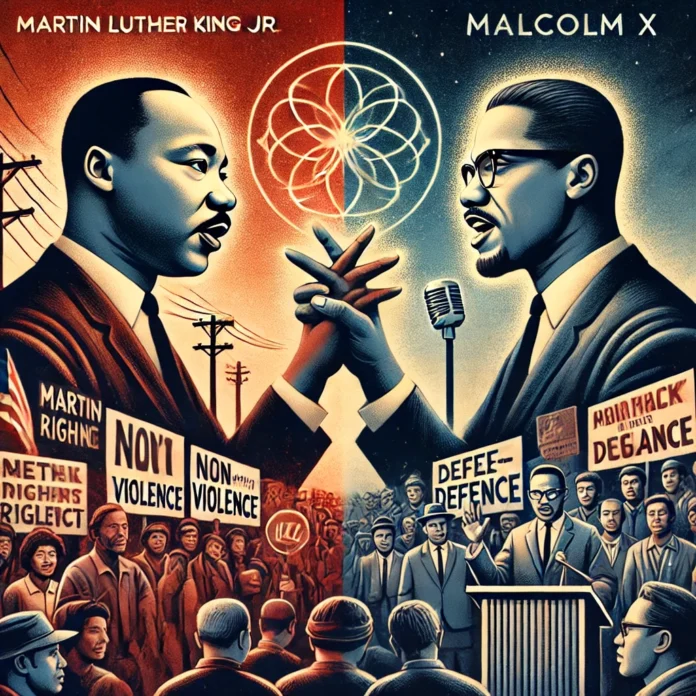 Martin Luther King Jr. and Malcolm X: Two contrasting visions united by a shared pursuit of justice and equality during the Civil Rights Movement.