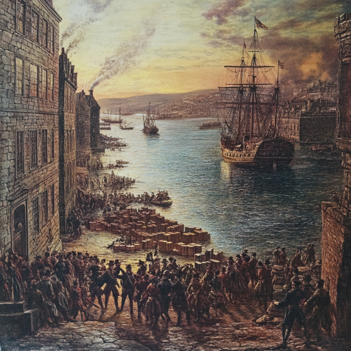 An illustration of December 16, 1773 Boston Tea Party