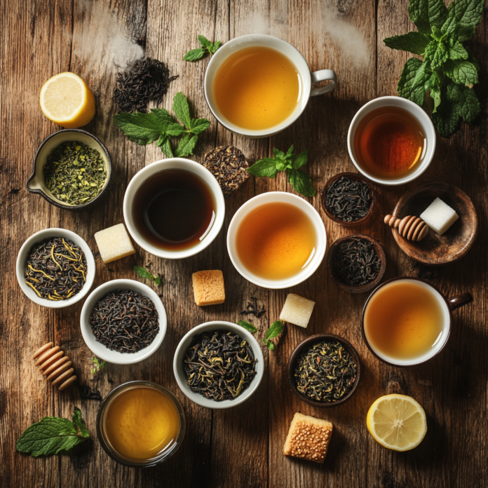 A beautiful tea spread showcasing a variety of brews, elegantly arranged on a rustic table.