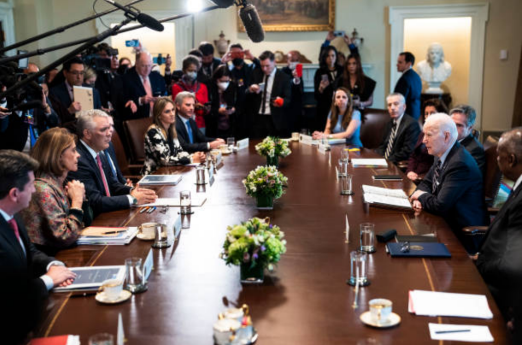 President Joe Biden meets with Colombian President Iván Duque and Vice President Marta Lucía Ramírez at the White House on March 10, 2022.