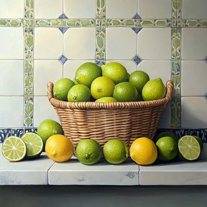 Limes and lemons in a basket on a kitchen counter.