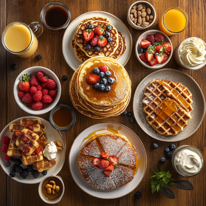 A perfect breakfast trio: pancakes, waffles, and French toast, each irresistibly styled with delicious toppings.