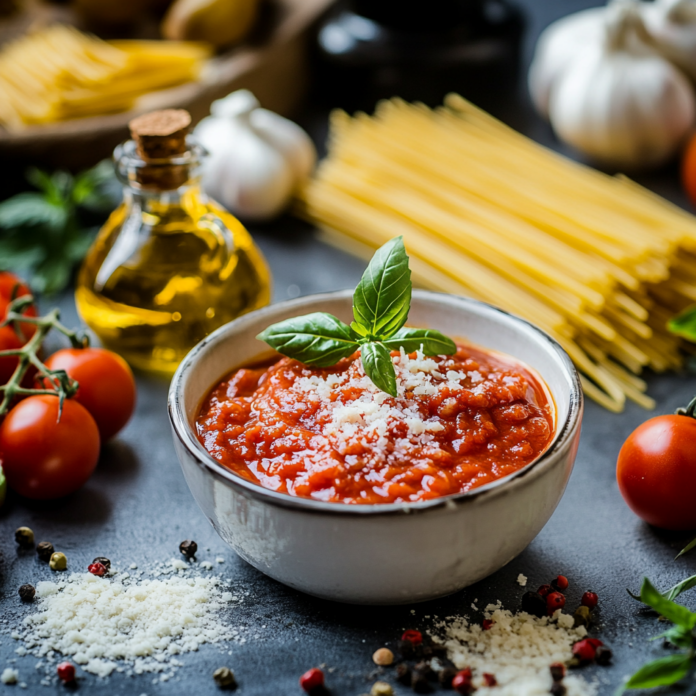 Pasta sauce on a kitchen table