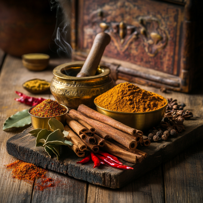 Spices that shaped history: cinnamon, nutmeg, and cloves in their raw, aromatic glory.