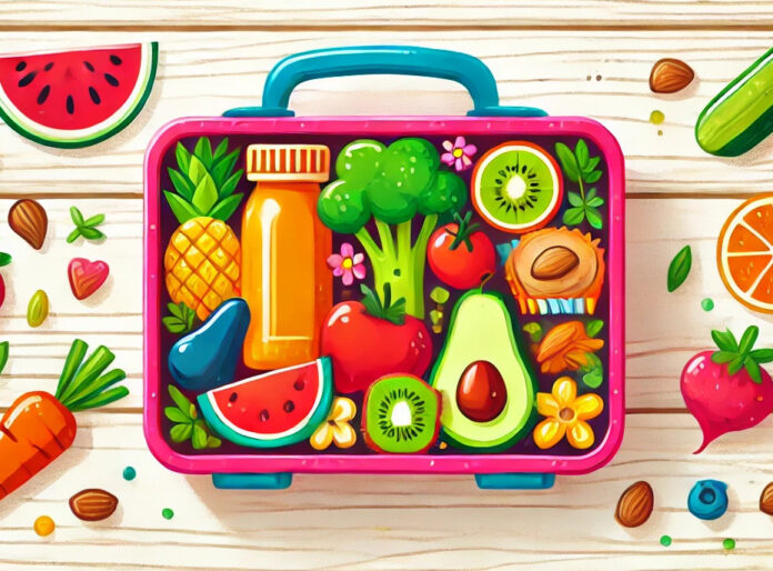 An illustration of a vibrant lunchbox filled with fruits, vegetables, and whole foods promoting balanced nutrition