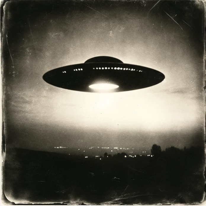 This is an artistic representation of a UFO, created on December 17, 2024, to depict a vintage-style photograph similar to those submitted during Project Blue Book investigations, which spanned over 20 years from 1947 to 1969.