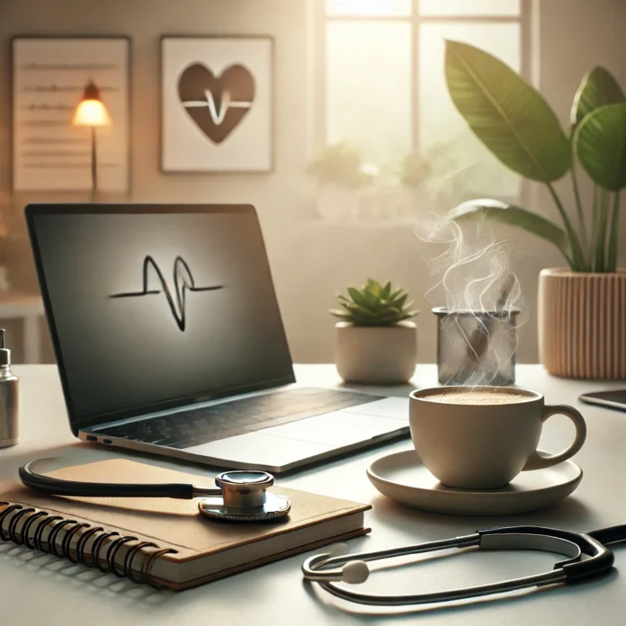 A calming, realistic image of a serene workspace featuring a laptop, a steaming cup of coffee, a notebook, and a stethoscope casually placed on the ta