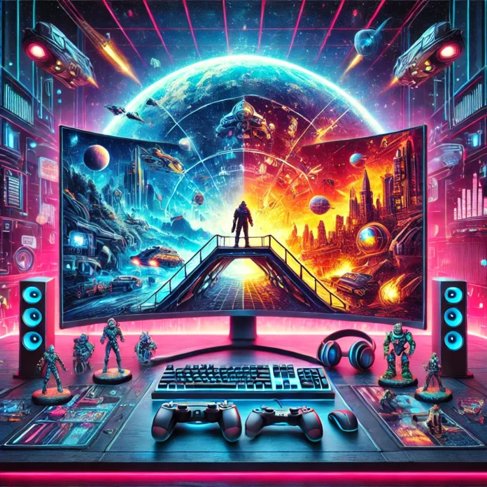 A captivating and vibrant illustration showing a futuristic gaming setup with a large curved monitor displaying vivid scenes from various popular video games.