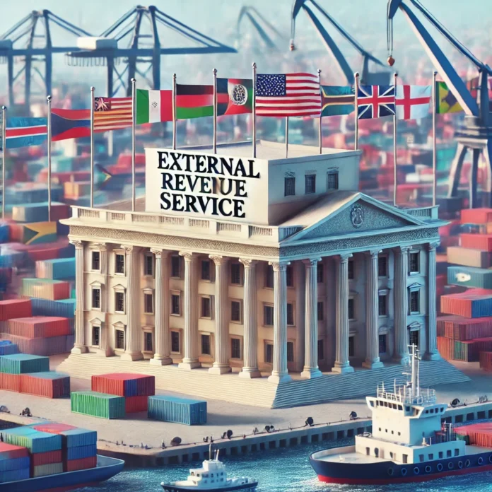 A conceptualized government building labeled 'External Revenue Service' in bold letters, with flags of various nations adorning the structure