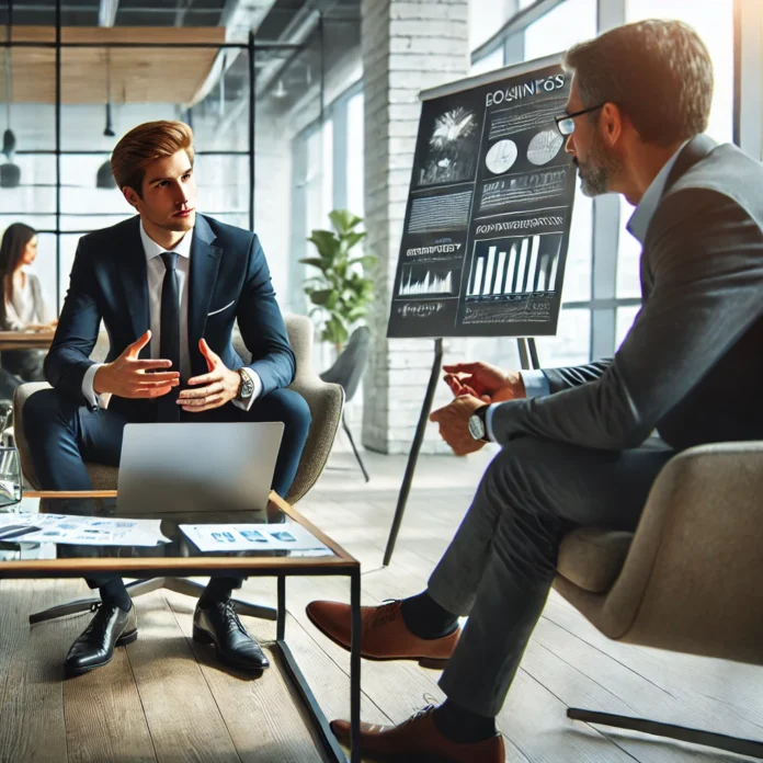 A consultant sitting in a modern, stylish office, engaging in a business strategy discussion with a client