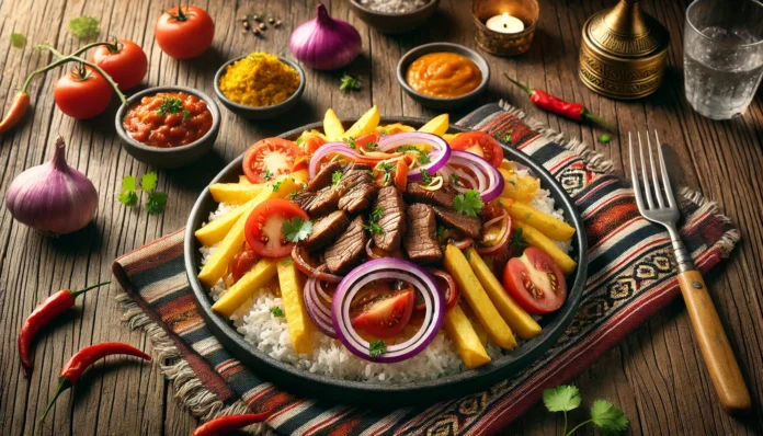 A depiction of Lomo Saltado, Peru's iconic stir-fry dish. The dish features tender strips of beef, vibrant red onions