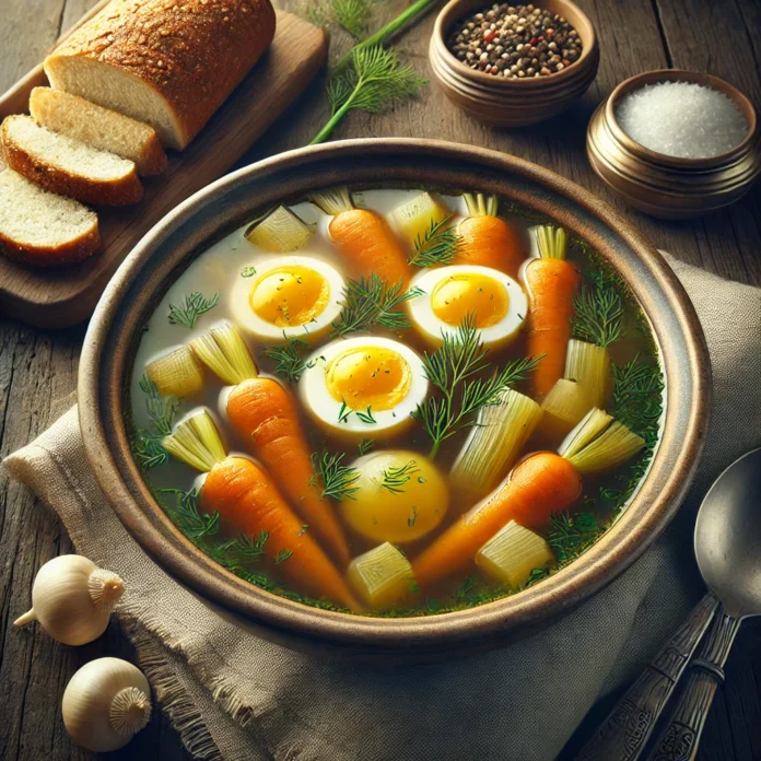 A depiction of a traditional Jewish chicken soup featuring eyerlekh (unlaid chicken eggs)