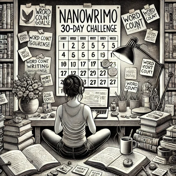 A black-and-white illustration of a writer working on a novel for NaNoWriMo. The scene features a cozy writing nook with a laptop