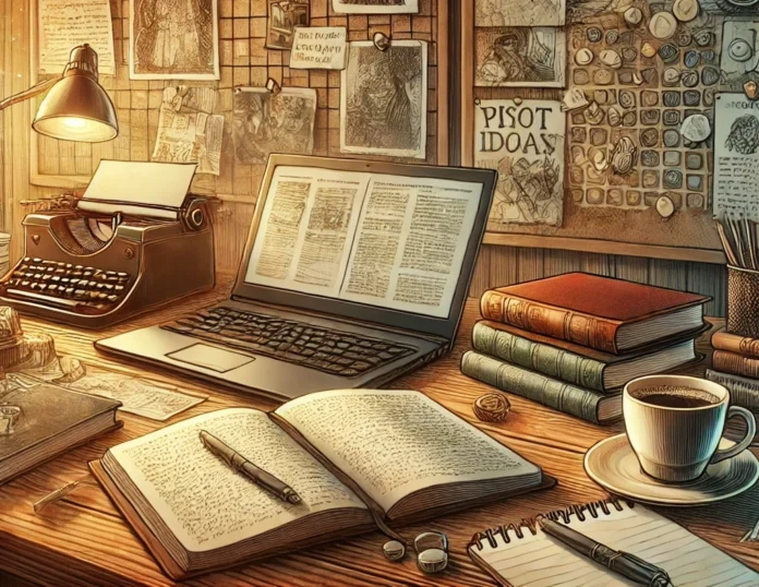 A detailed and inspiring illustration of a writer's workspace, showing a desk with a laptop, an open notebook filled with notes