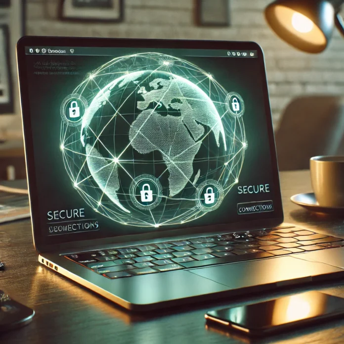 A detailed and realistic digital illustration of a laptop connected to a VPN