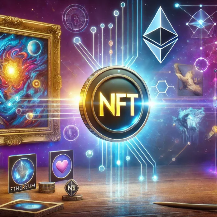 A digital illustration showcasing the concept of NFTs and blockchain technology