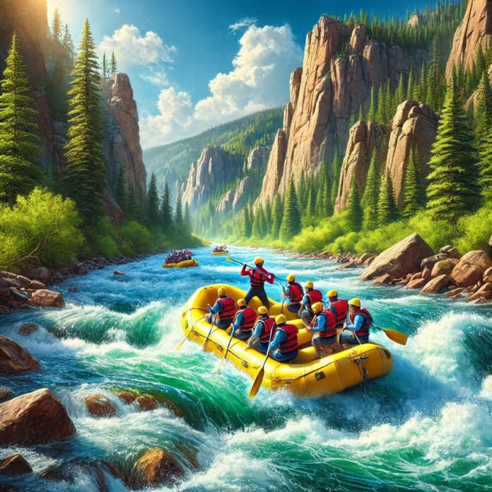 A dynamic and realistic scene of whitewater rafting in Colorado, featuring a group of people in a bright yellow raft navigating thrilling rapids on a