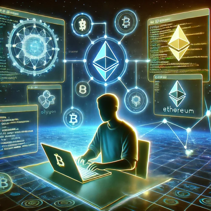 A futuristic digital illustration showcasing the creation of a decentralized application (dApp). The image features a glowing holographic user interface connected to blockchain nodes, a developer coding smart contracts in a digital environment, and icons of blockchain networks (Ethereum, Polygon, etc.) seamlessly integrated into the background. The color palette includes high-tech neon shades of blue, green, and gold with a sleek, modern aesthetic.