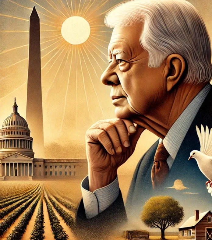 An illustration showing former U.S. President Jimmy Carter in a reflective pose, surrounded by imagery that represents his life