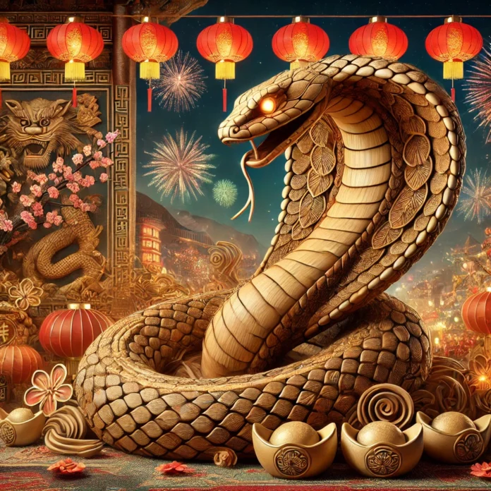 A Wood Snake entirely made of intricately carved wood, symbolizing the Year of the Wood Snake in 2025.